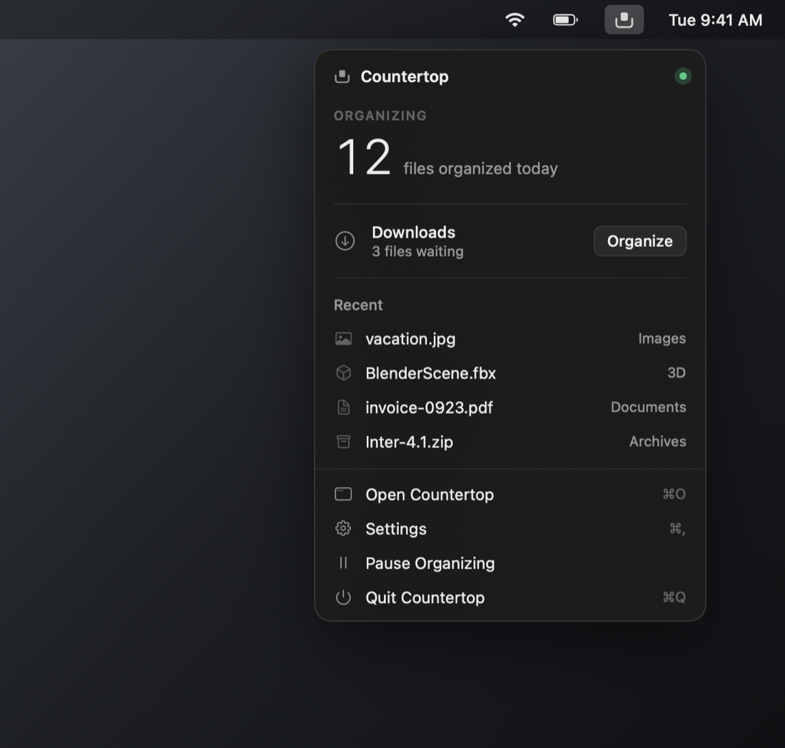Countertop's menu bar panel showing files organized today, waiting downloads, and recent activity